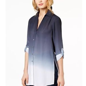 INC M navy tunic blouse w gorgeous crystal buttons